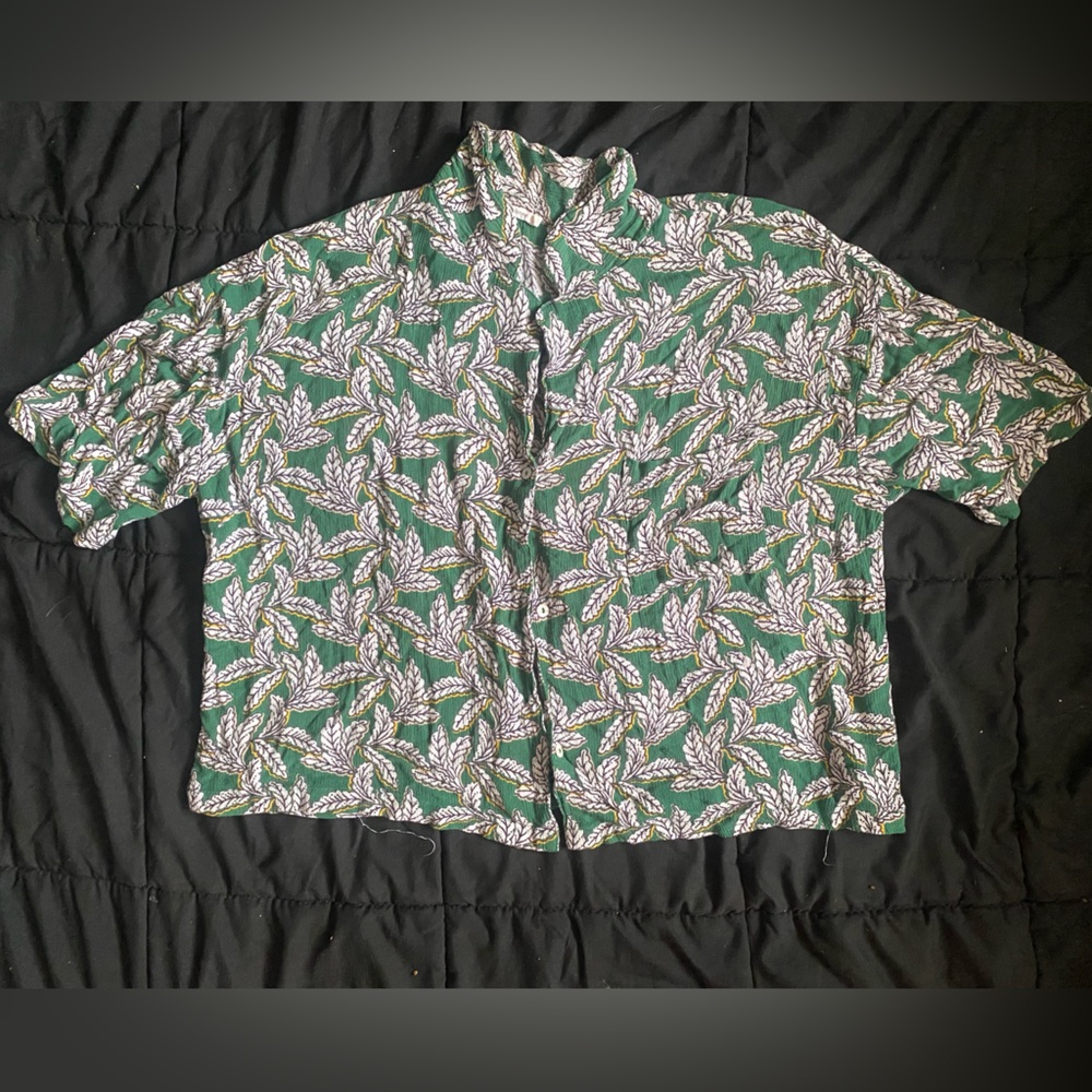 Green and White Tropical Button Down Shirt